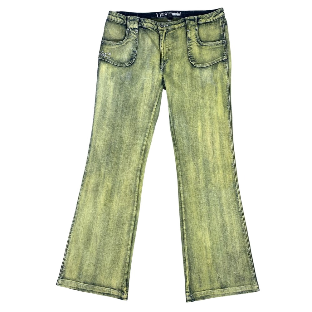 Lot29 Flare Jeans Womens 15 Yellow Green Acid Wash Stretch Low Rise Y2K Denim